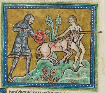 Unicorn with its head in the lap of a naked woman, being speared by a knight