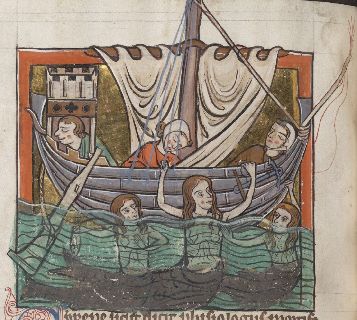 Two sirens enchant sailors in a ship