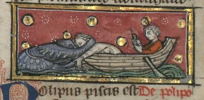 Octopus attacking men in a boat