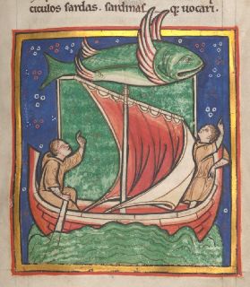 A large fish soars over a sailing ship